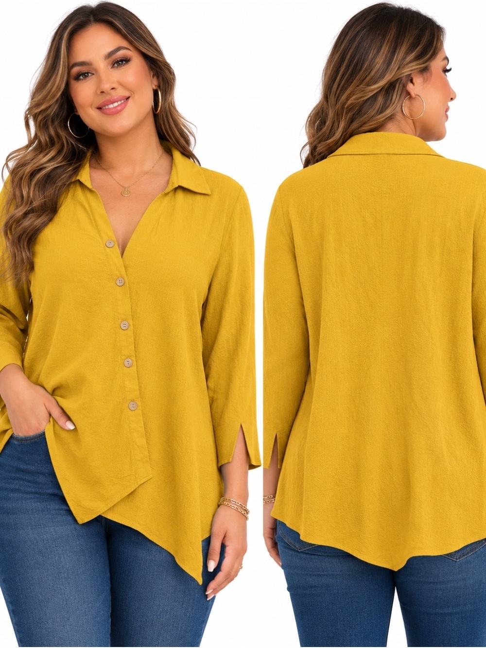 Asymmetrical Button-Front Shirt in Mustard Yellow